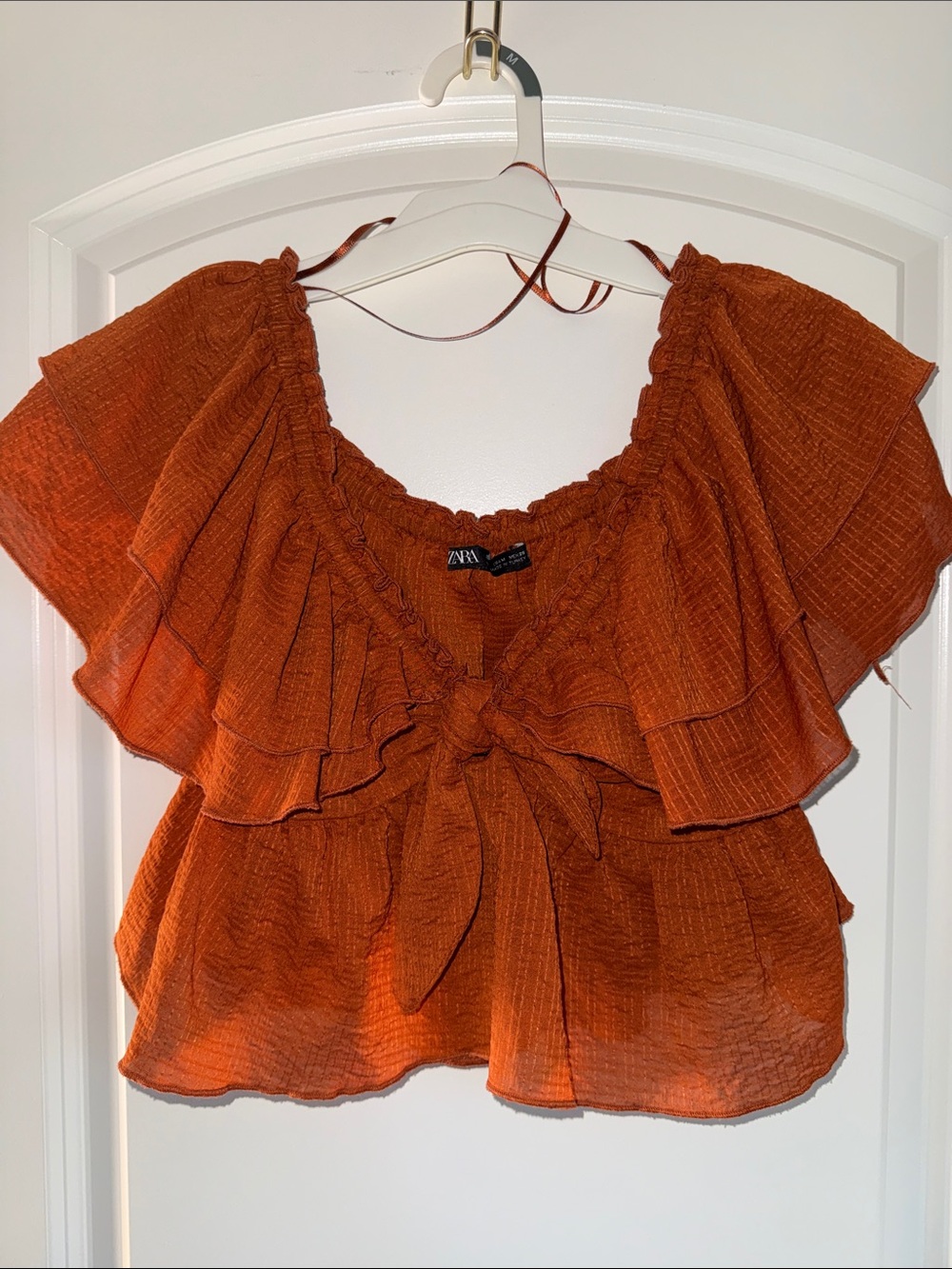 ZARA Burnt Orange Ruffle Tie-Front Crop Top
